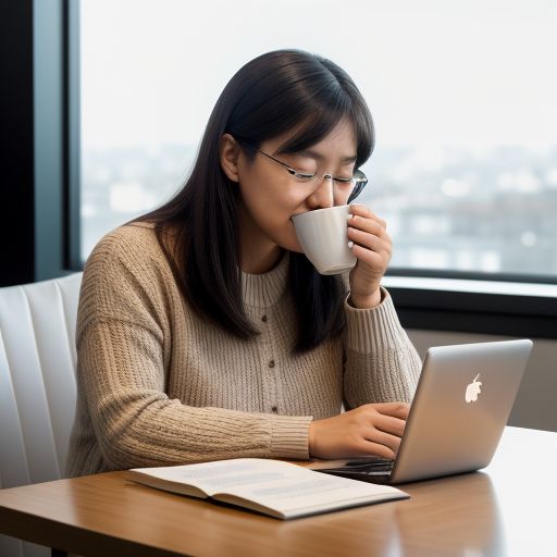 A person drinking coffee while studying in a bright room