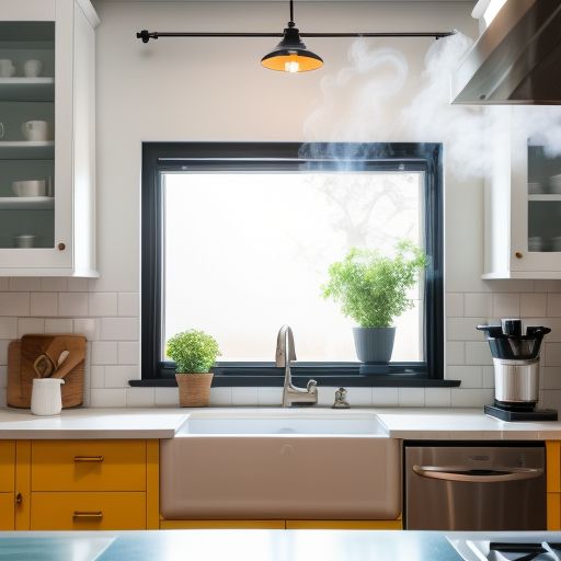 A colorful coffee cup with steam rising in a bright kitchen