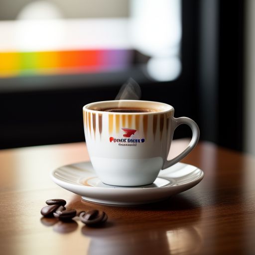 A colorful coffee cup with espresso beans beside it