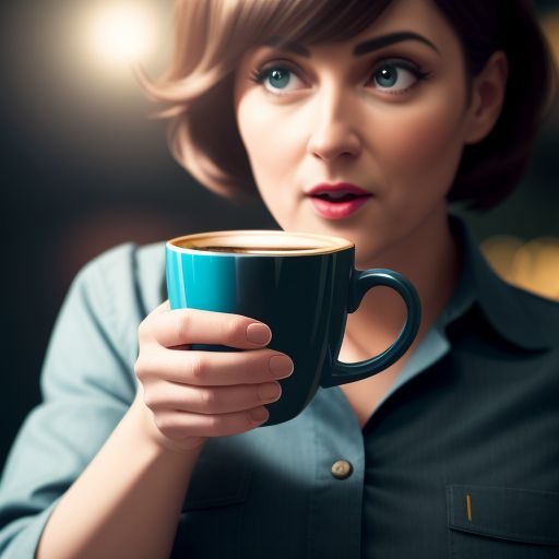 A person looking surprised with a coffee cup and a clock showing bedtime