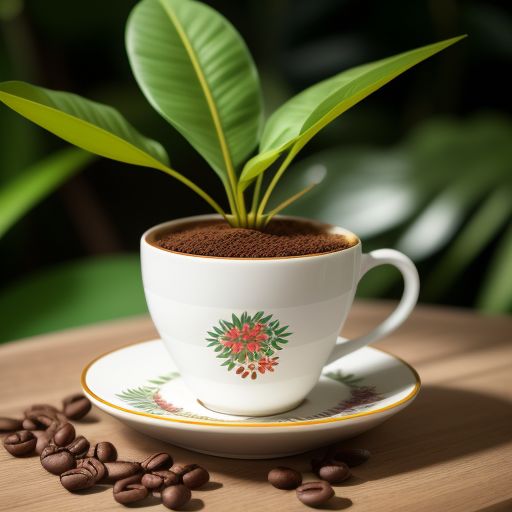 A vibrant coffee cup with natural coffee beans and plants around it