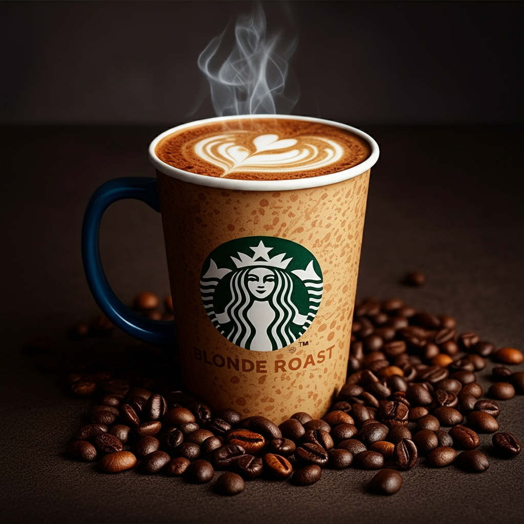 A colorful cup of Starbucks Blonde Roast coffee with beans