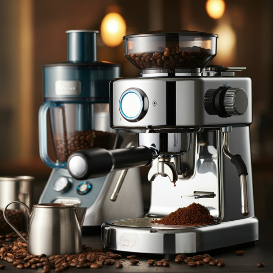 A stylish coffee grinder setup with a food processor, vibrant coffee beans in focus, animated background showing the grinding process.