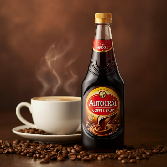 A vibrant and eye-catching thumbnail displaying a bottle of Autocrat coffee syrup with a steaming cup of coffee in the background.