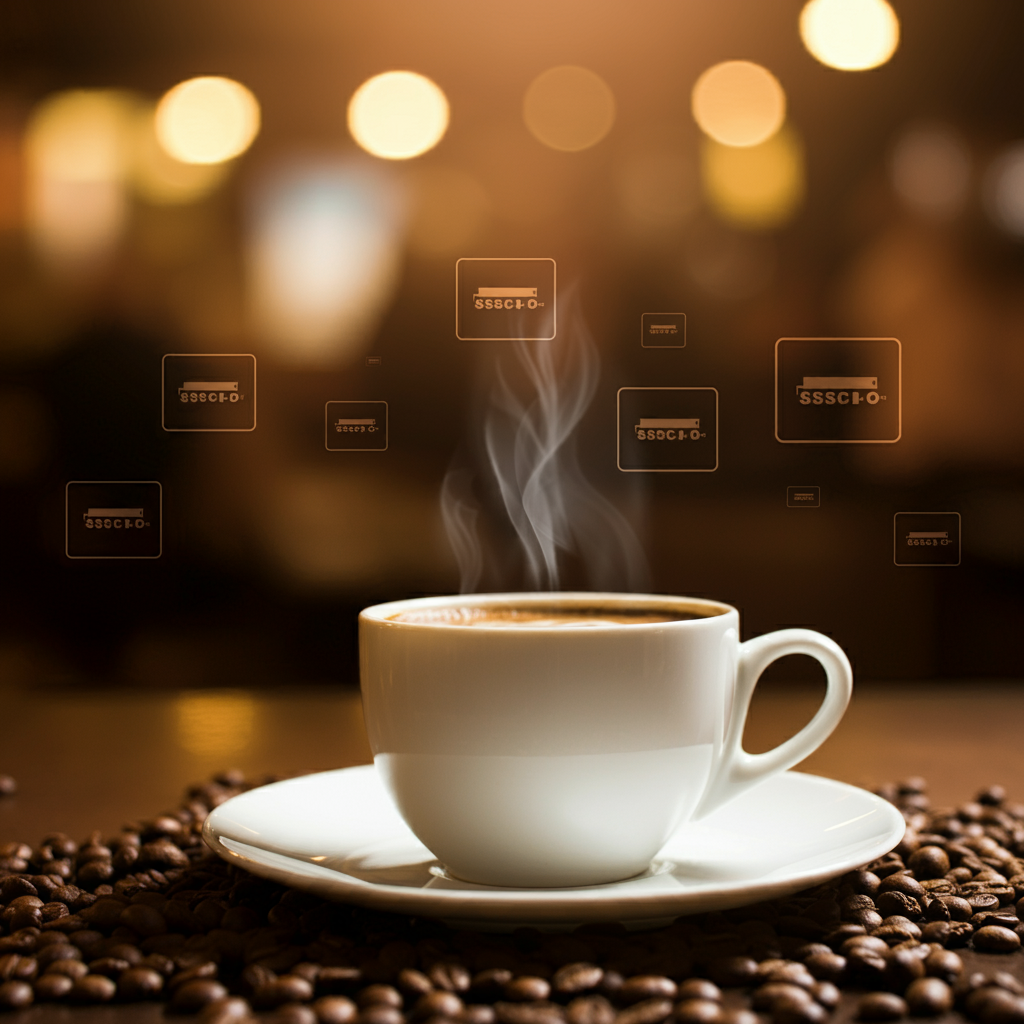 A captivating coffee theme, featuring a steaming cup of coffee with subscriptions icons around it