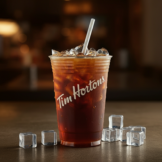 An enticing image of a medium iced coffee with ice cubes, a reusable straw, and Tim Hortons logo on the cup.